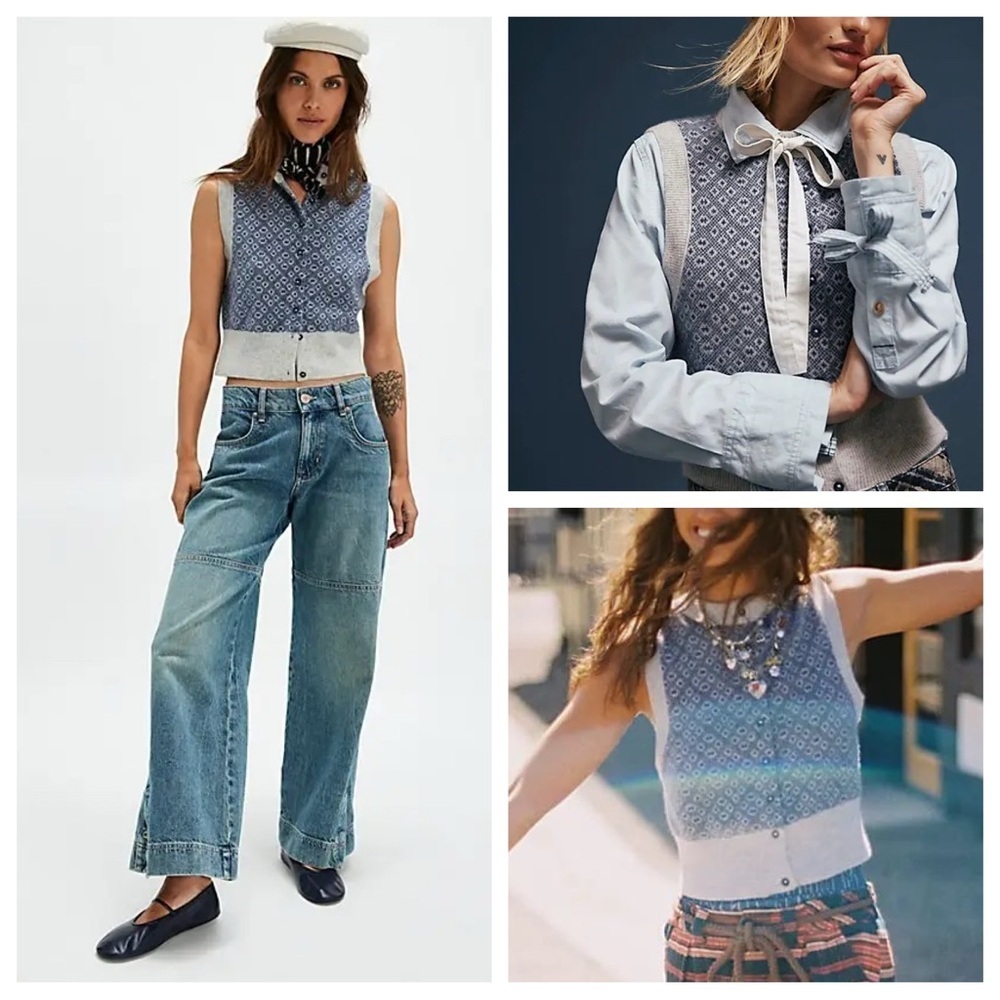 Free People Blue and White Sleeveless Knit Cardigan Vest